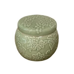 Andrea by Sadek Chopsticks Ceramic Jar with Lid Green Grape Leaf Motif Vintage